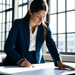 **

"A professional architect in a modern office setting, reviewing blueprints with colleagues. She is wearing a stylish, fully clothed business suit, appropriate attire. Sunlight streams through the large windows. Safe for work, perfect anatomy, correct proportions, natural pose, well-formed hands, proper finger count, professional photography, high quality, modest."

**
