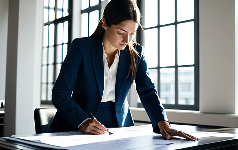 **

"A professional architect in a modern office setting, reviewing blueprints with colleagues. She is wearing a stylish, fully clothed business suit, appropriate attire. Sunlight streams through the large windows. Safe for work, perfect anatomy, correct proportions, natural pose, well-formed hands, proper finger count, professional photography, high quality, modest."

**