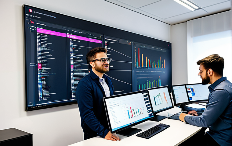 **

A diverse team of software developers collaboratively working on a large screen displaying code related to a serverless application. The setting is a bright, modern office space in Milan, Italy. They are all fully clothed in appropriate attire for a tech company: business casual wear, such as collared shirts, blouses, and slacks. The atmosphere is energetic and focused. In the background, a whiteboard displays diagrams of serverless architecture. Safe for work, appropriate content, fully clothed, professional, perfect anatomy, correct proportions, natural pose, well-formed hands, proper finger count, natural body proportions, high resolution, detailed, professional photography, modest attire.

**